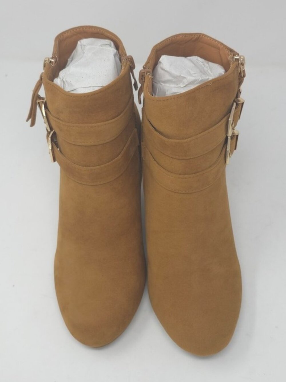 Tan Faux Suede Wedge Ankle Boots Buckle Strap Side Zip Casual Trendy - Picture 12 of 12